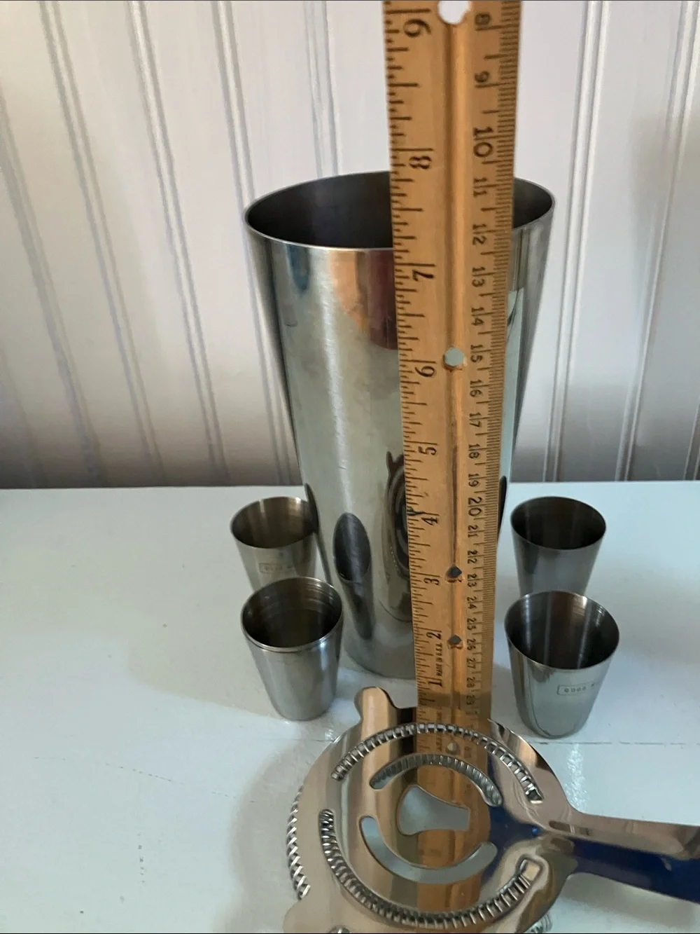 Vintage Stainless Steel Cocktail Shaker Set with 4 Jiggers and Strainer - Silver